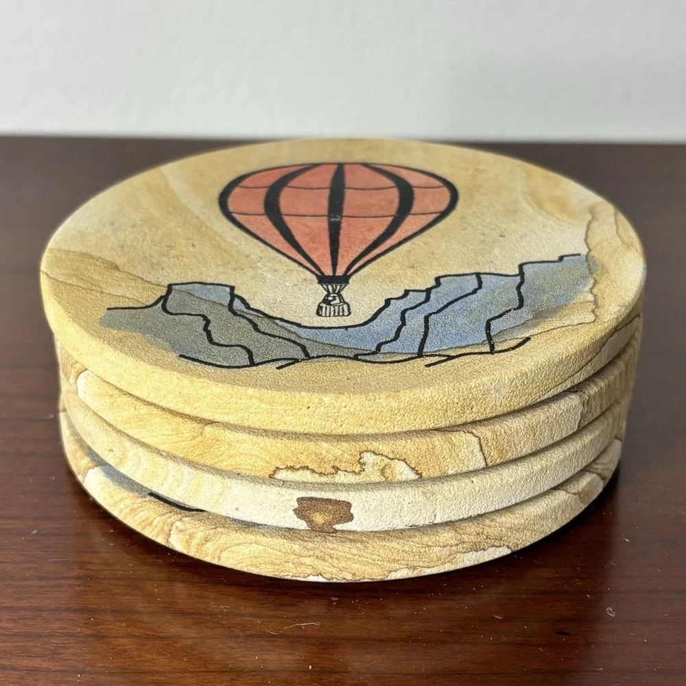 Set(4) Thirstystone Hot Air Balloon Coasters Natural Sandstone w/Cork Back